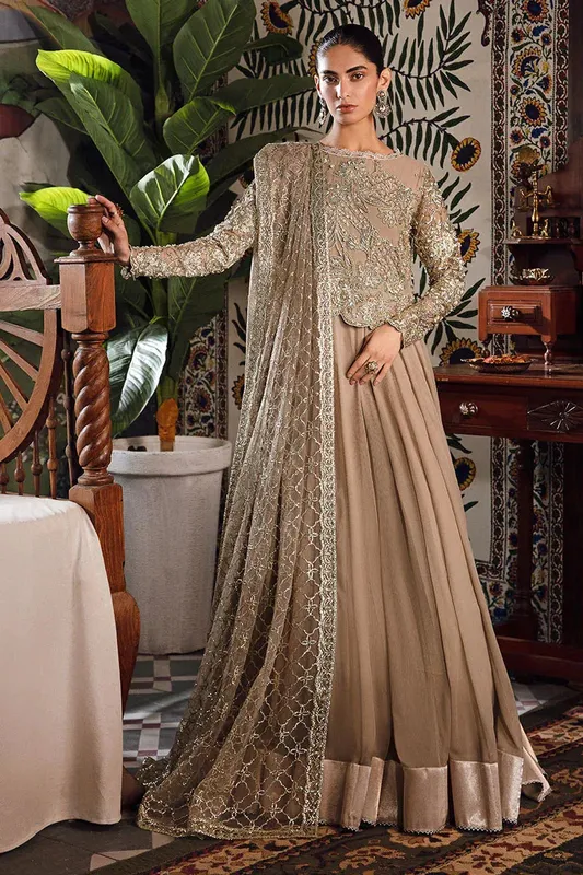 Mushq Irha Kalidaar Chiffon Pret Olive – view 1 – Poshaq