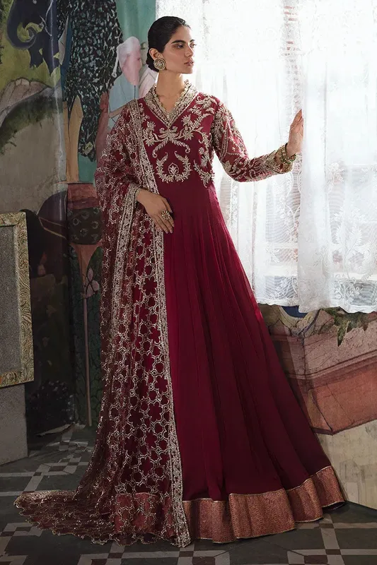 Mushq Irha Kalidaar Chiffon Pret Maroon – view 1 – Poshaq