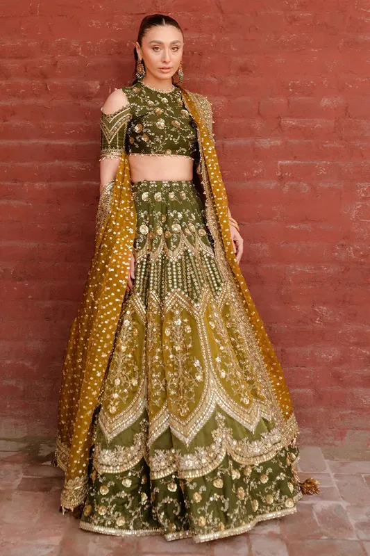 MNR Zarlish Festive 25 Dark Mehndi Raw Silk – view 1 – Poshaq