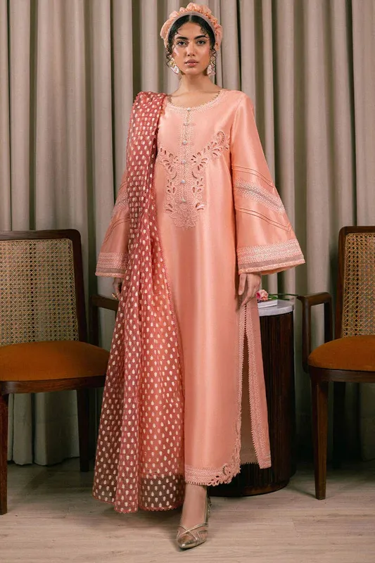 MNR Chaye Coffee Luxury Pret Peach Raw Silk – view 1 – Poshaq