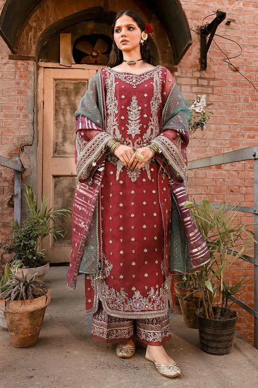 MNR Eid Festive 24 Maroon Organza – view 1 – Poshaq