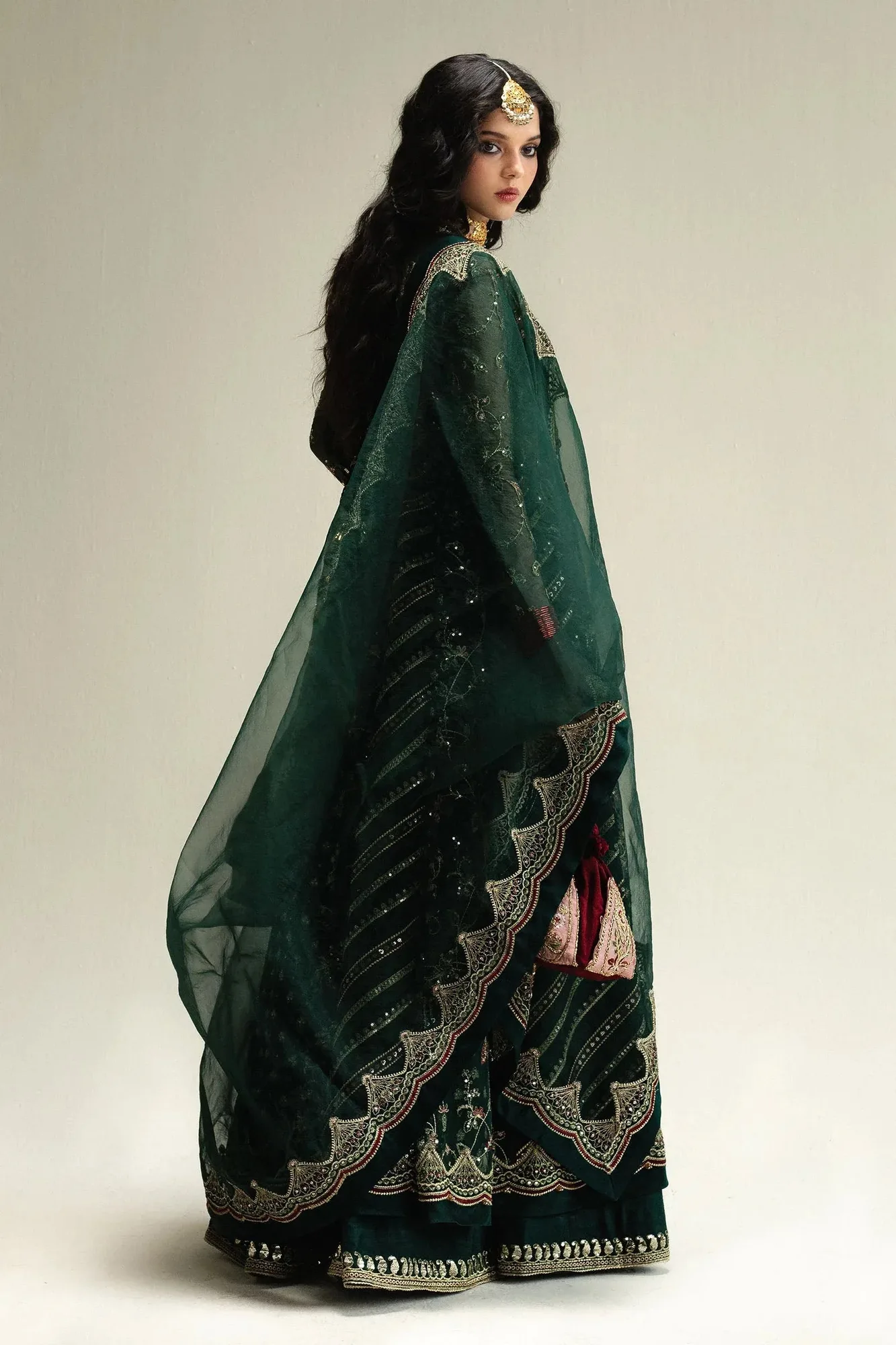 Zara Shahjahan Green Raw Silk – view 3 – Poshaq