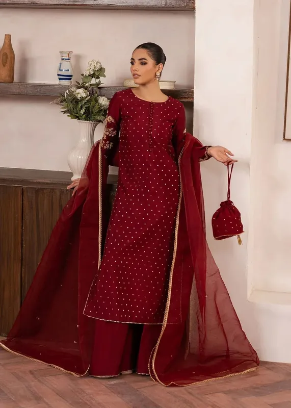 Dastoor Rania Luxury Pret 25 Maroon Organza – view 1 – Poshaq