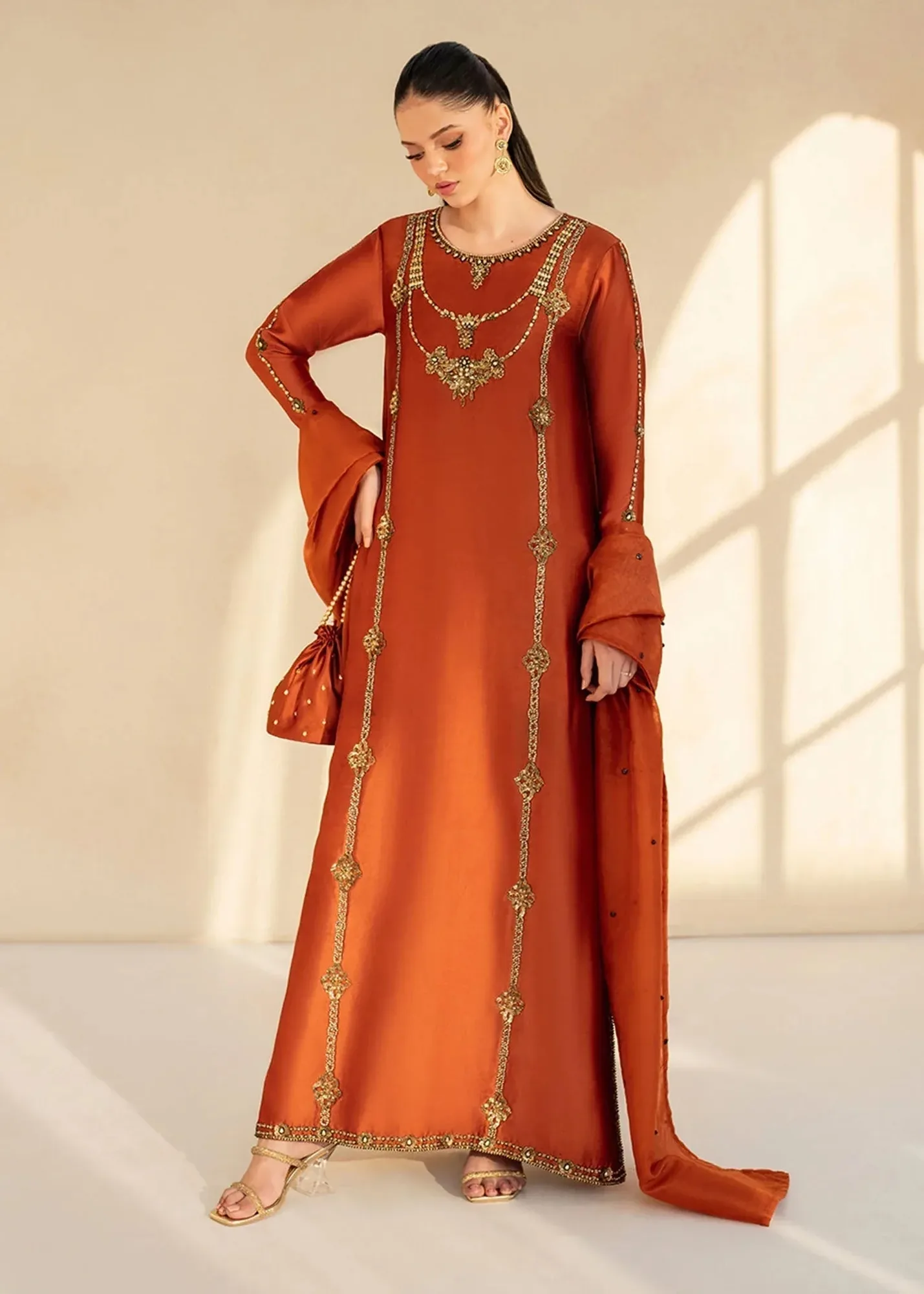 Dastoor Maahi Luxury Pret 25 Rust Organza – view 3 – Poshaq