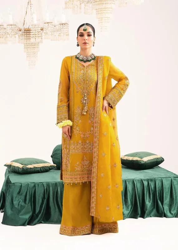 Dastoor Sajni Luxury Eid Collection 24 Yellow Cotton Silk – view 1 – Poshaq