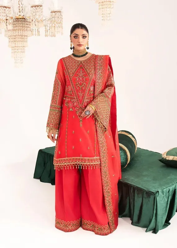 Dastoor Sajni Luxury Eid Collection 24 Red Cotton Silk – view 1 – Poshaq