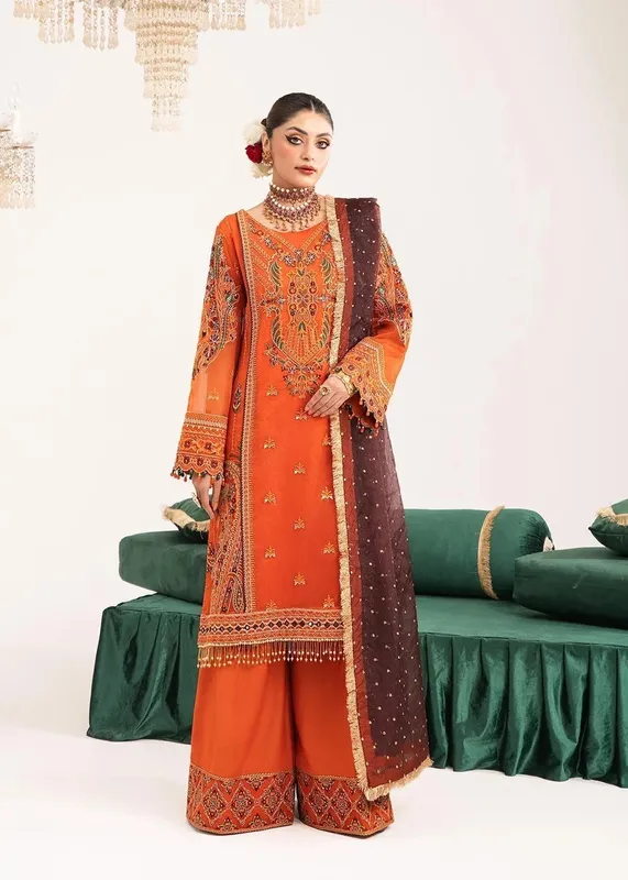 Dastoor Sajni Luxury Eid Collection 24 Orange Raw Silk – view 1 – Poshaq