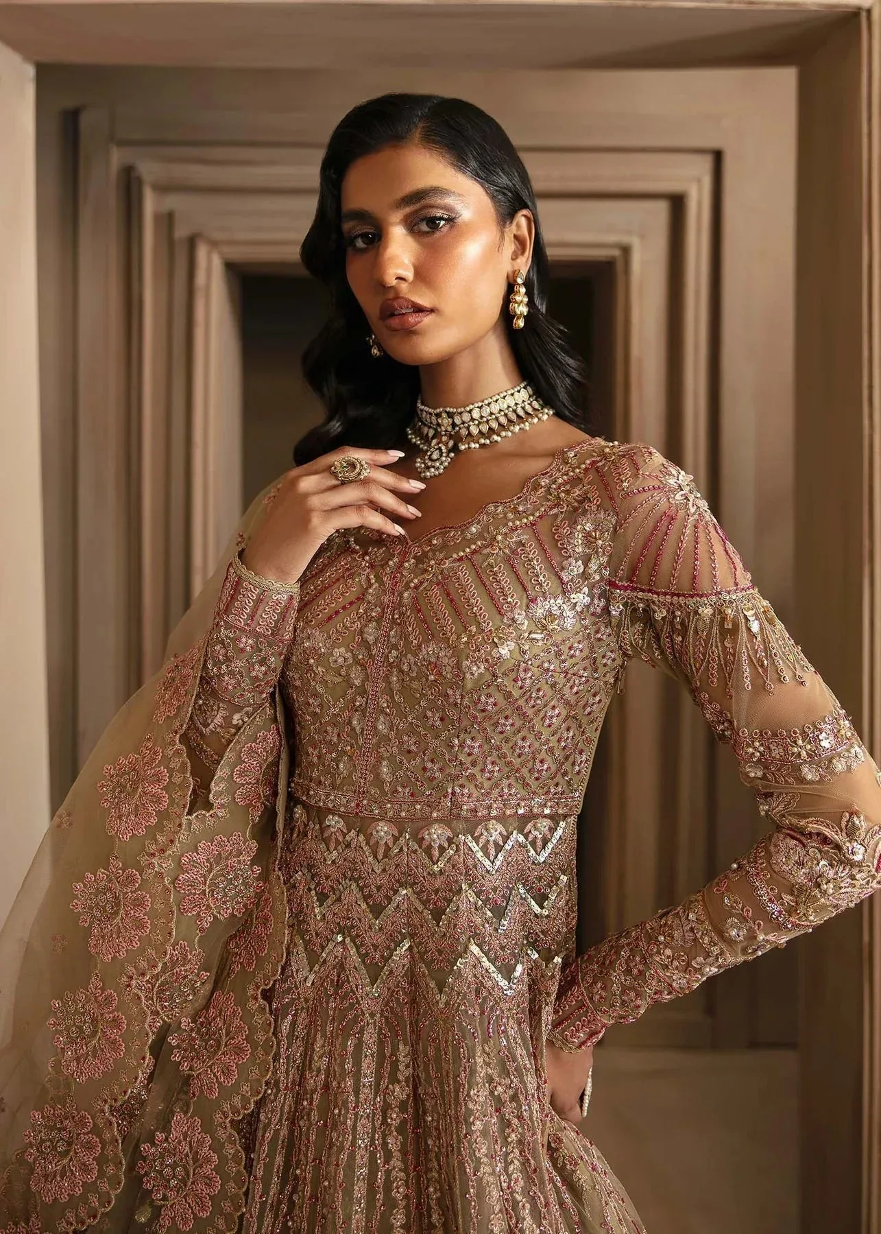 Akbar Aslam Deewani Wedding Formals Dark Beige Organza – view 5 – Poshaq
