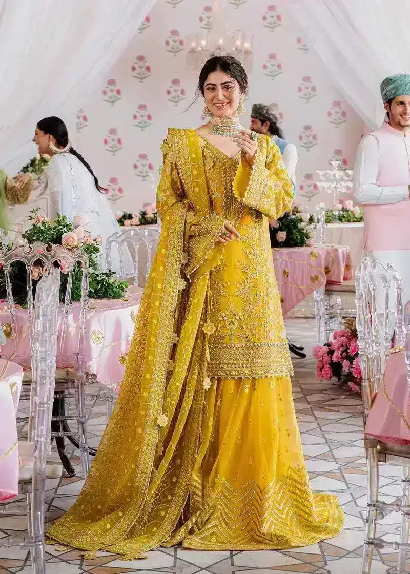 Akbar Aslam Shadmani Luxury Formals 23 Mustard Organza – view 1 – Poshaq