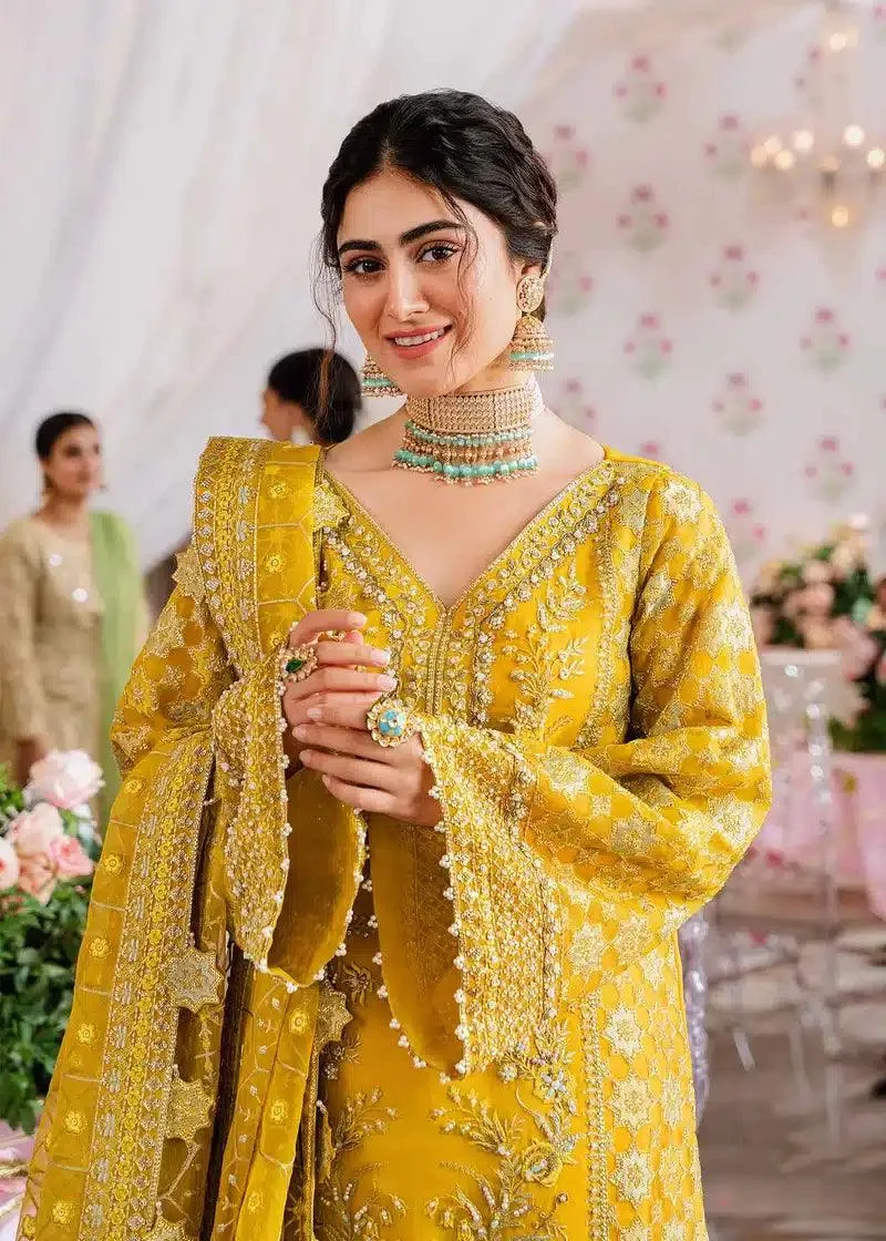 Akbar Aslam Shadmani Luxury Formals 23 Mustard Organza – view 3 – Poshaq