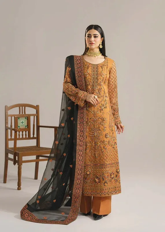 Akbar Aslam Afsana Wedding Formals Mustard Organza – view 1 – Poshaq