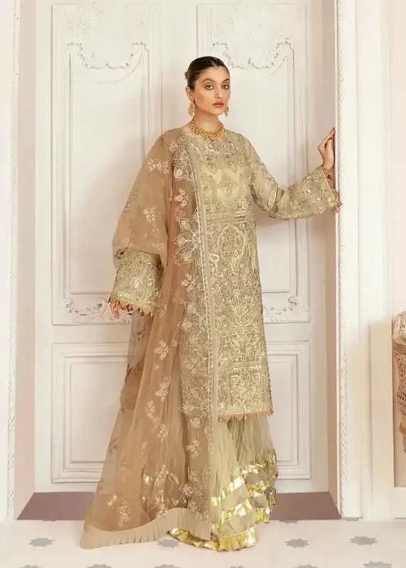 Akbar Aslam Raqs Collection Beige Organza – view 1 – Poshaq