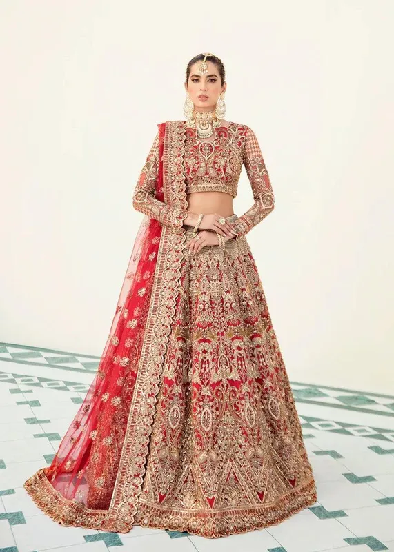 Akbar Aslam Orphic Bridals Red Net – view 1 – Poshaq