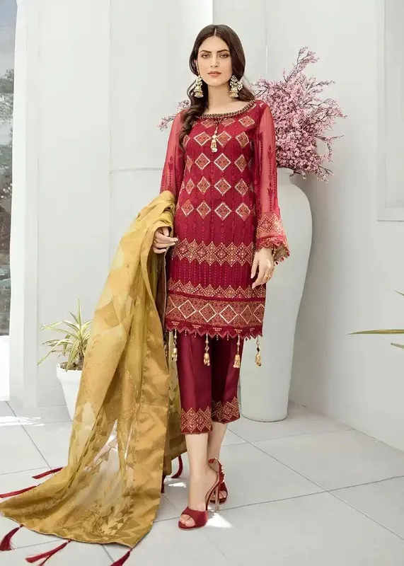 Akbar Aslam Formal Collection Red Chiffon – view 1 – Poshaq