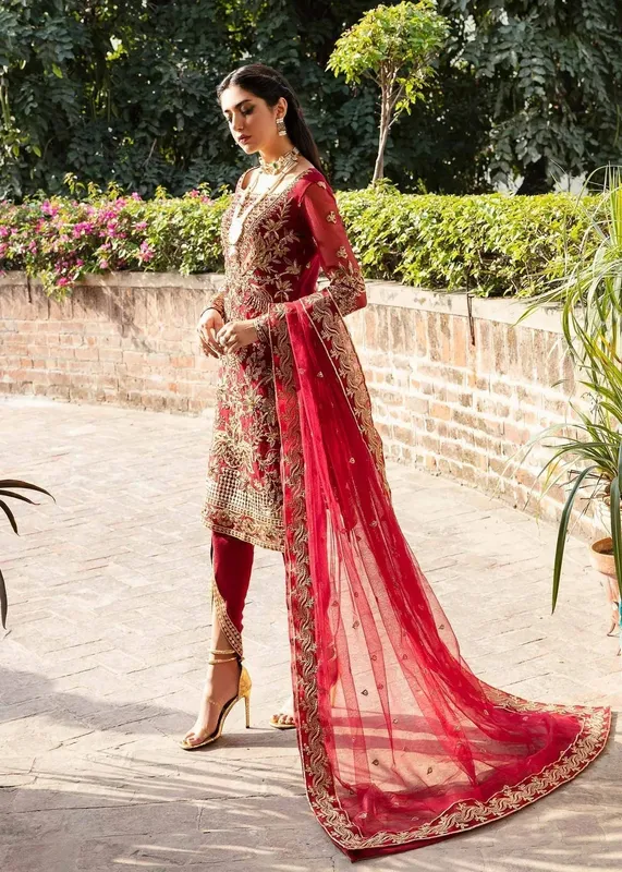 Akbar Aslam Wedding Formals Maroon Organza – view 1 – Poshaq