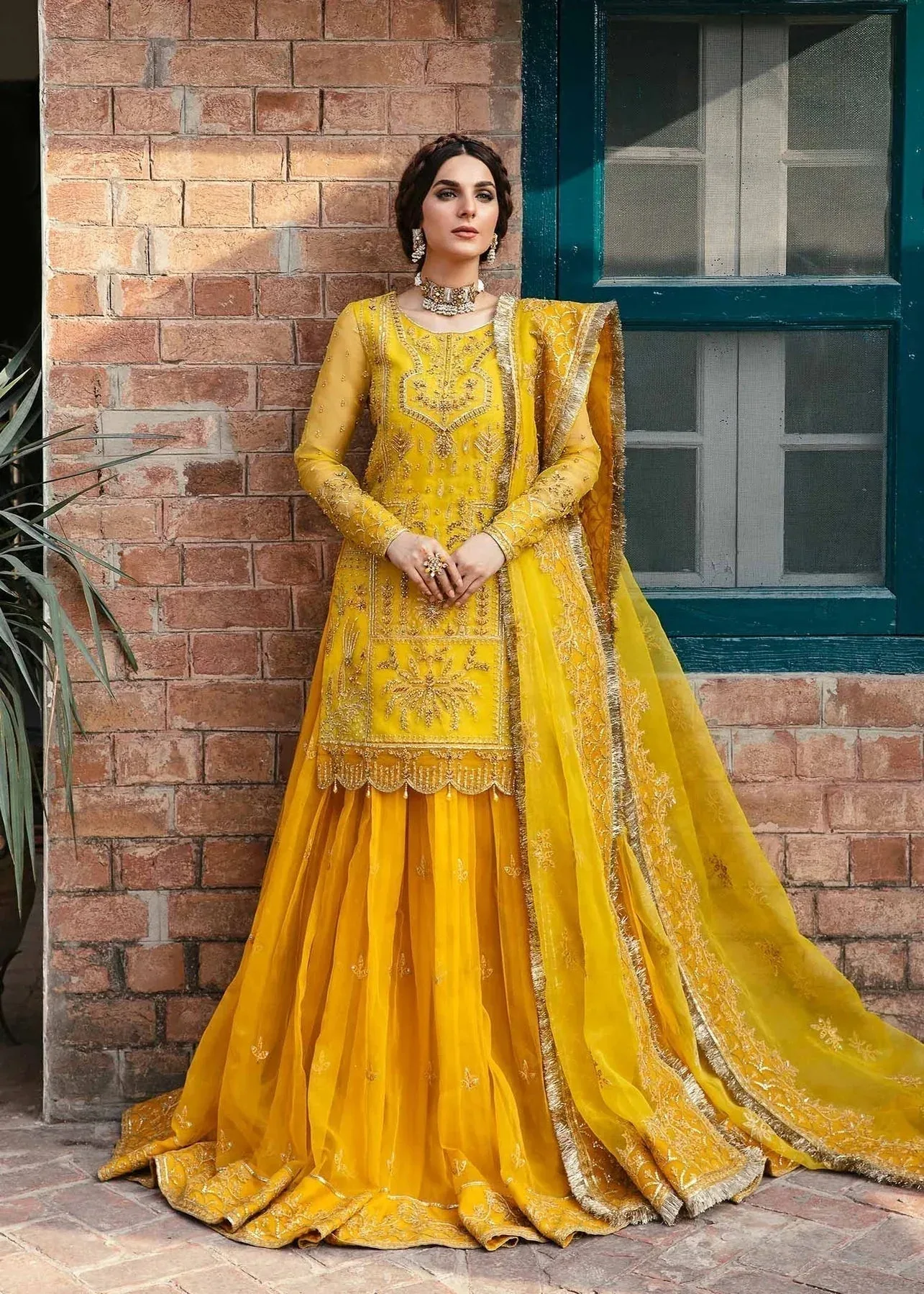 Akbar Aslam Wedding Formals Yellow Organza – view 1 – Poshaq
