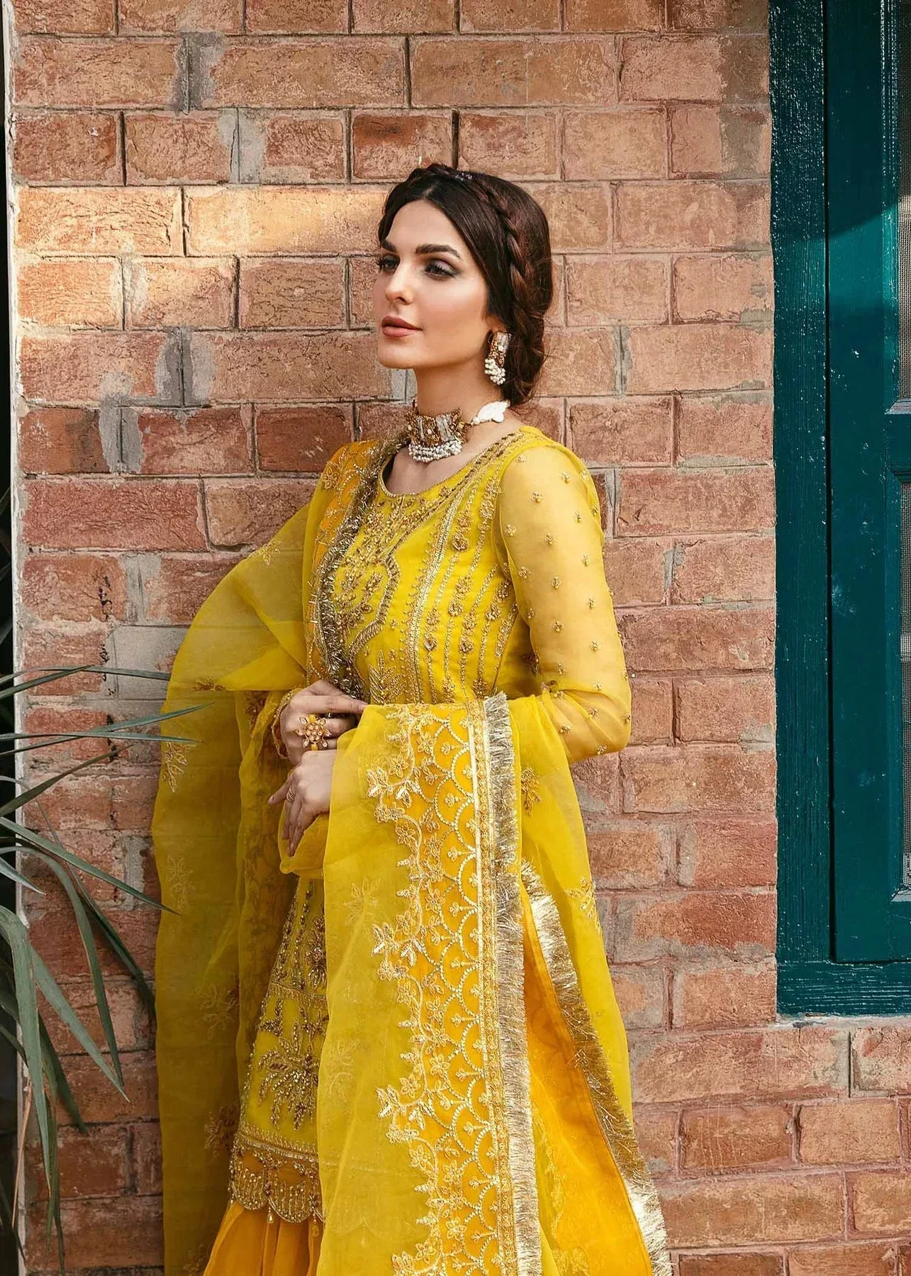 Akbar Aslam Wedding Formals Yellow Organza – view 3 – Poshaq