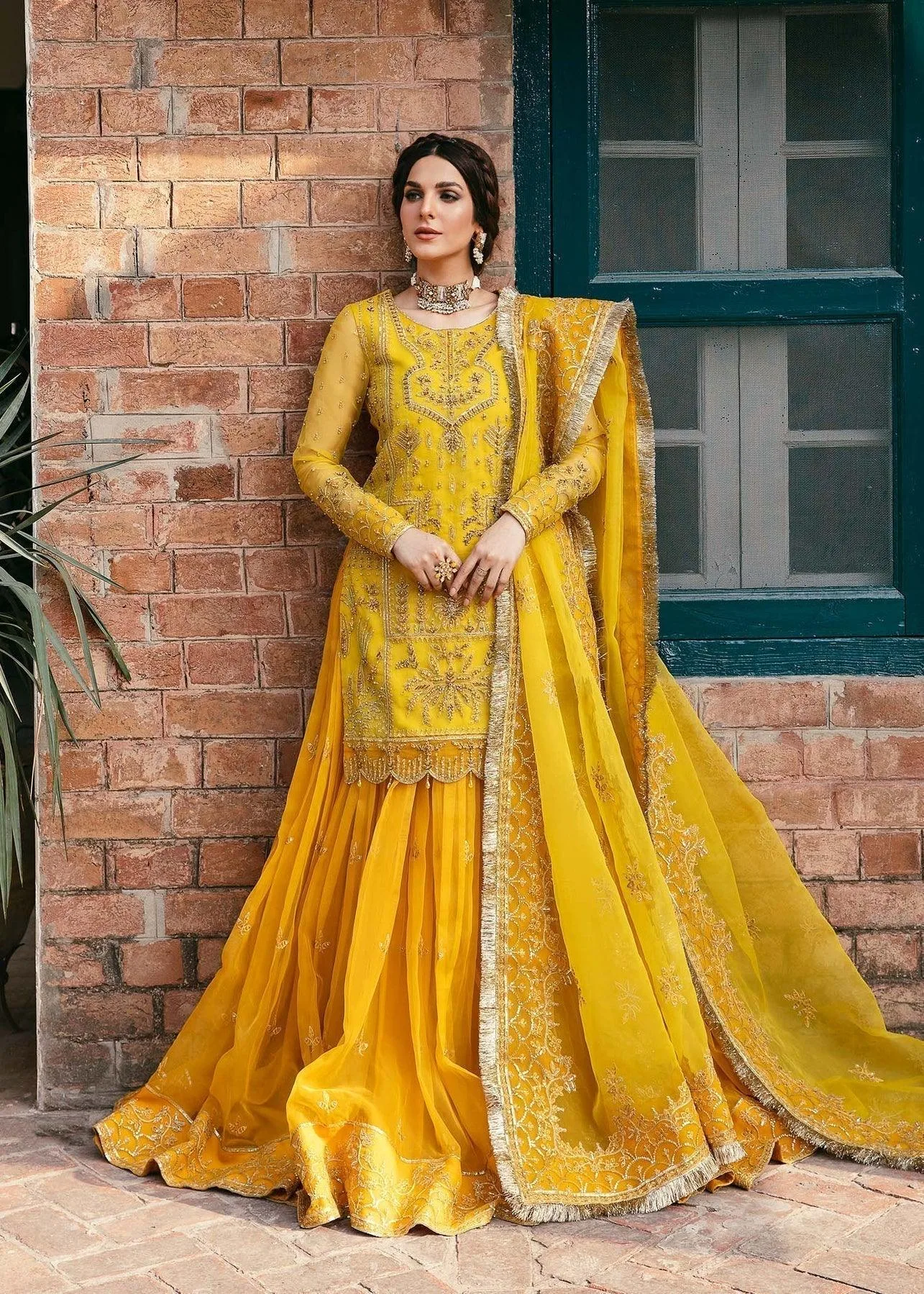 Akbar Aslam Wedding Formals Yellow Organza – view 4 – Poshaq