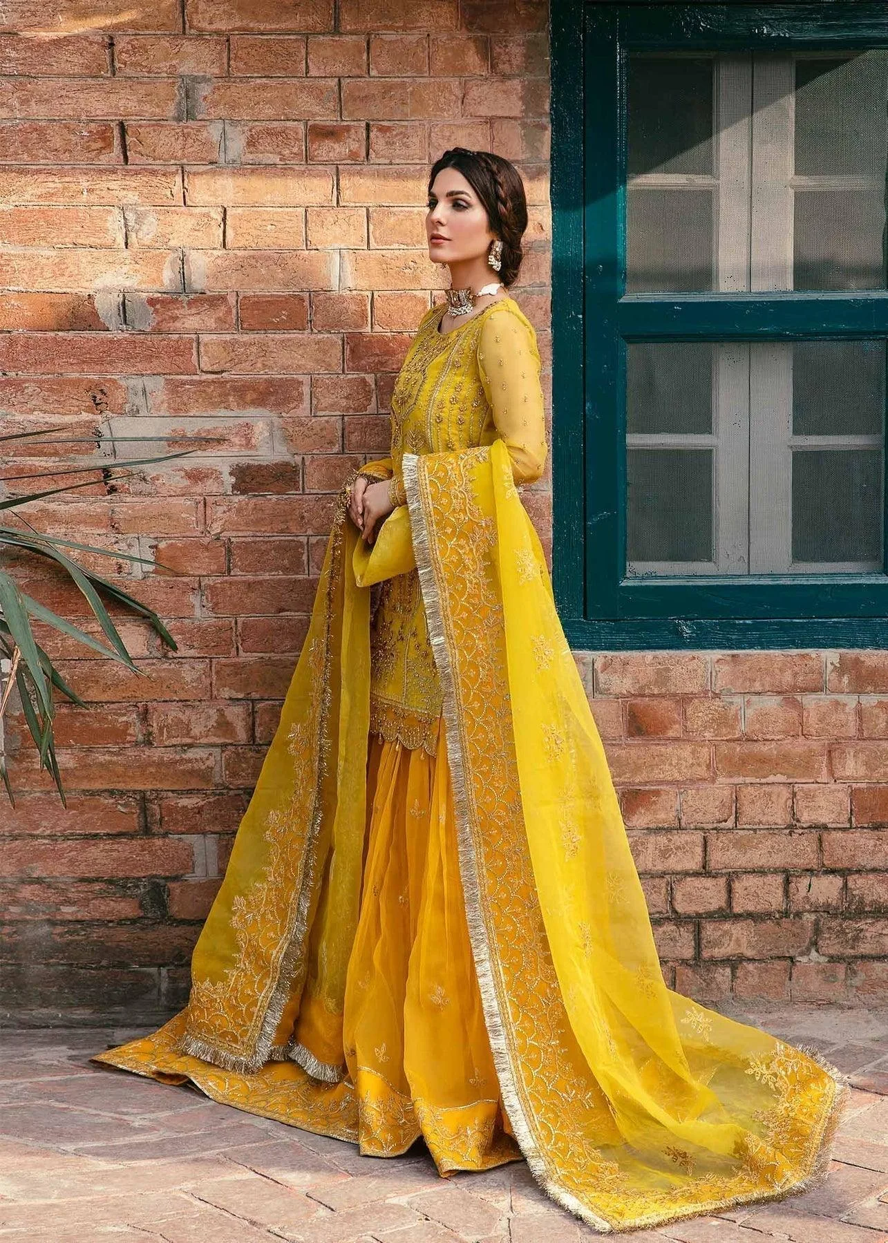 Akbar Aslam Wedding Formals Yellow Organza – view 5 – Poshaq