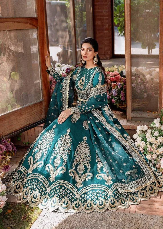 Akbar Aslam Wedding Formals Teal Raw Silk – view 1 – Poshaq