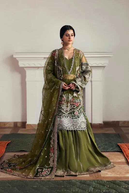 Afrozeh Shehnai Wedding Formals 25 Green Raw Silk – view 1 – Poshaq