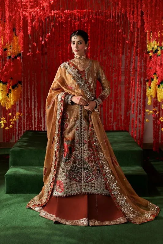 Afrozeh Shehnai Wedding Formals 25 Peach Raw Silk – view 1 – Poshaq
