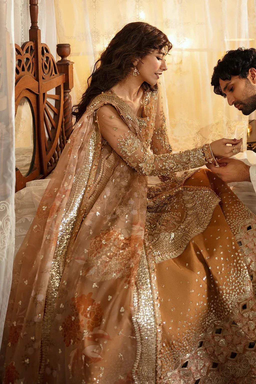 Afrozeh Hayat Wedding Formals 24 Golden Raw Silk – view 3 – Poshaq