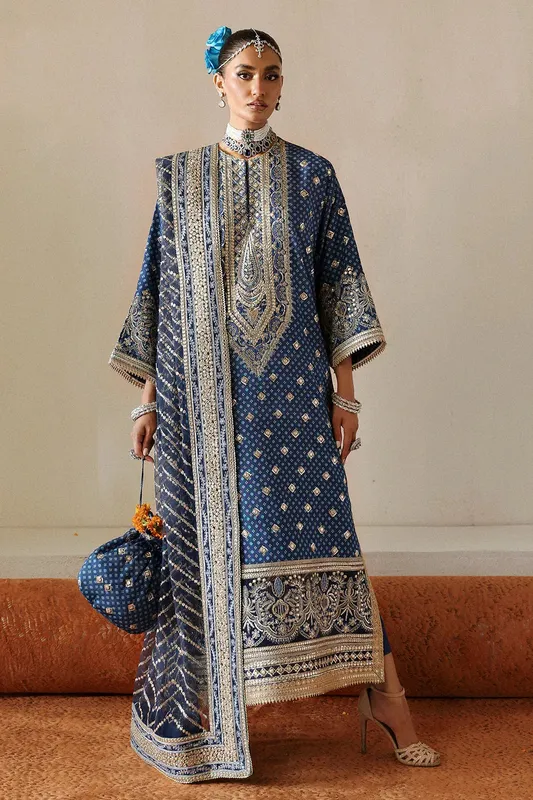 Afrozeh Shehnai Wedding Formals 24 Blue Raw Silk – view 1 – Poshaq