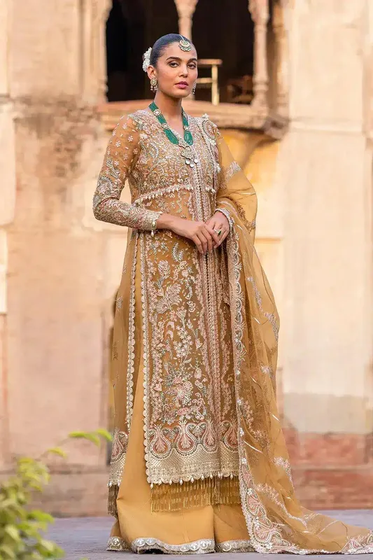 Afrozeh Dastangoi Wedding Formals Mustard Raw Silk – view 1 – Poshaq