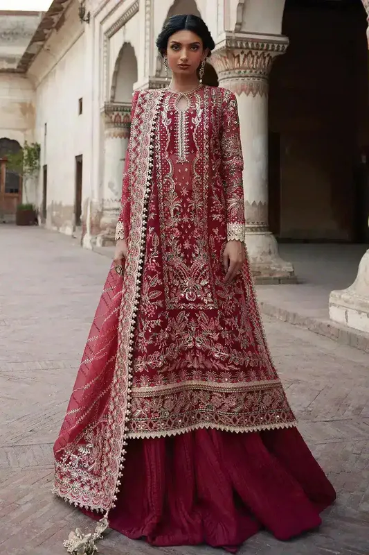Afrozeh Dastangoi Wedding Formals Maroon Raw Silk – view 1 – Poshaq