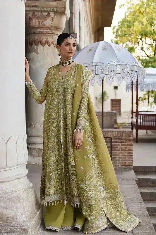 Afrozeh Dastangoi Wedding Formals Green Raw Silk – view 1 – Poshaq