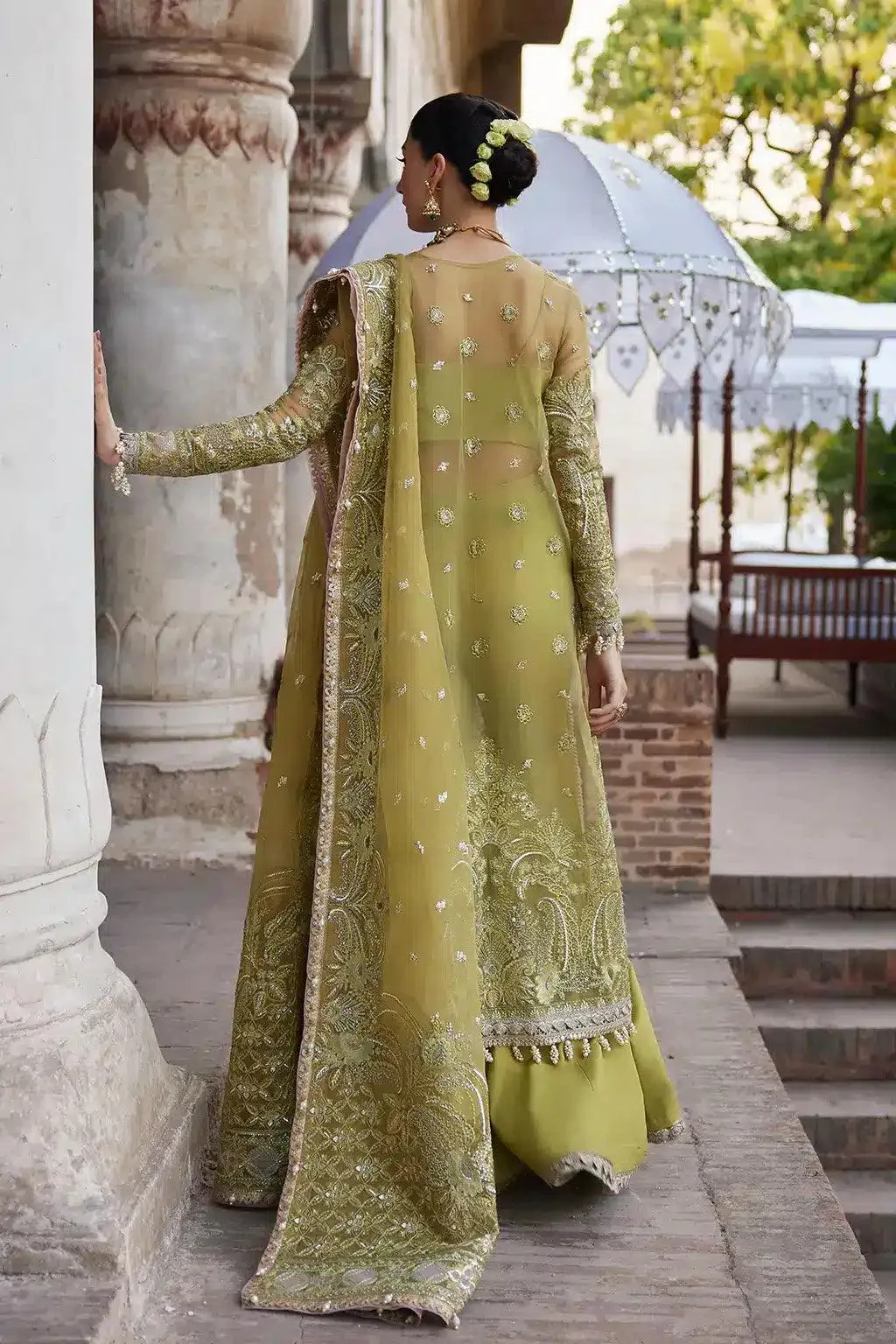 Afrozeh Dastangoi Wedding Formals Green Raw Silk – view 2 – Poshaq