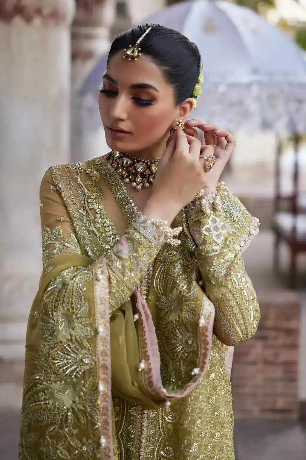 Afrozeh Dastangoi Wedding Formals Green Raw Silk – view 3 – Poshaq