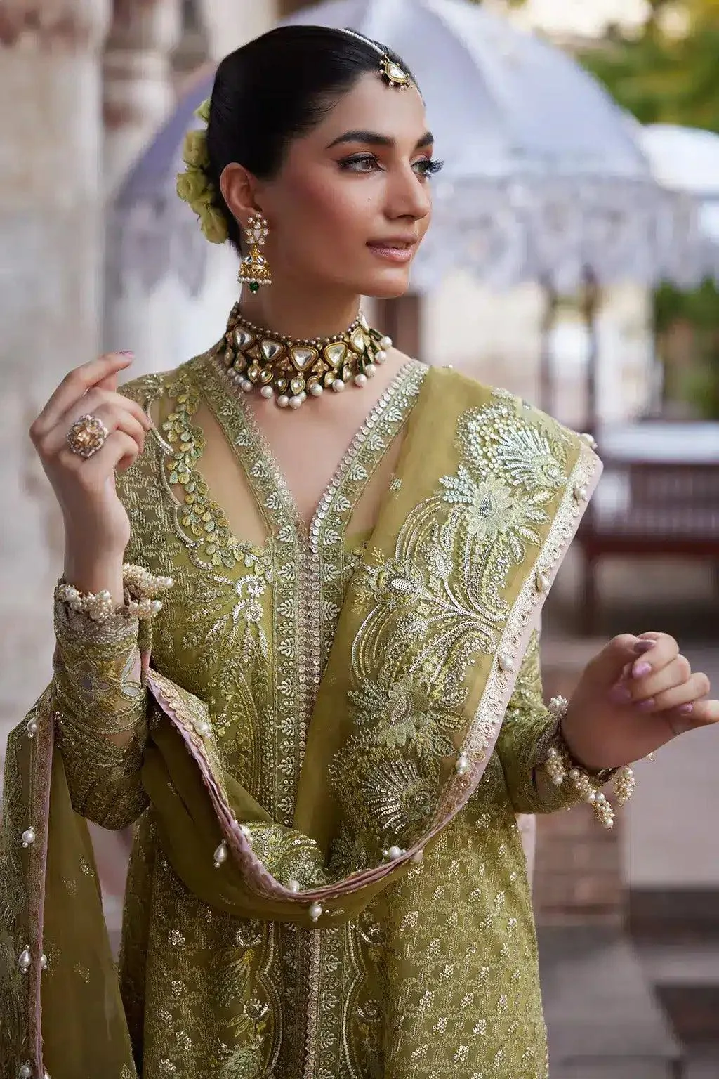 Afrozeh Dastangoi Wedding Formals Green Raw Silk – view 4 – Poshaq