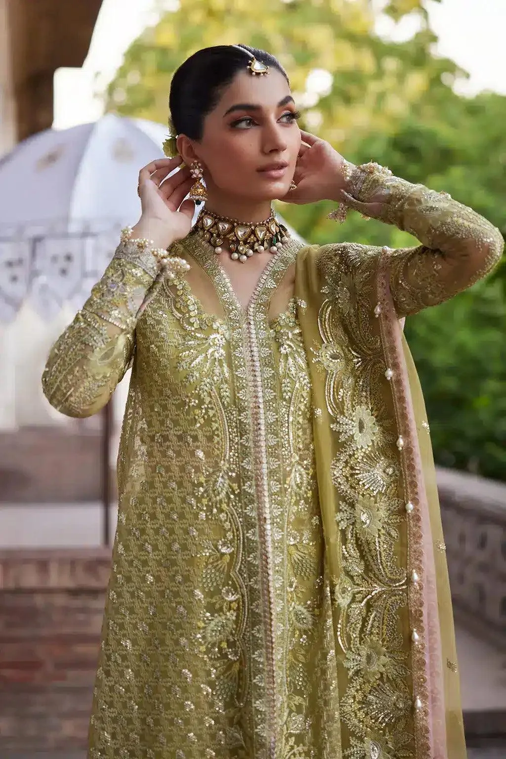 Afrozeh Dastangoi Wedding Formals Green Raw Silk – view 5 – Poshaq