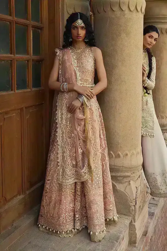 Afrozeh Dastangoi Wedding Formals Peach Raw Silk – view 1 – Poshaq