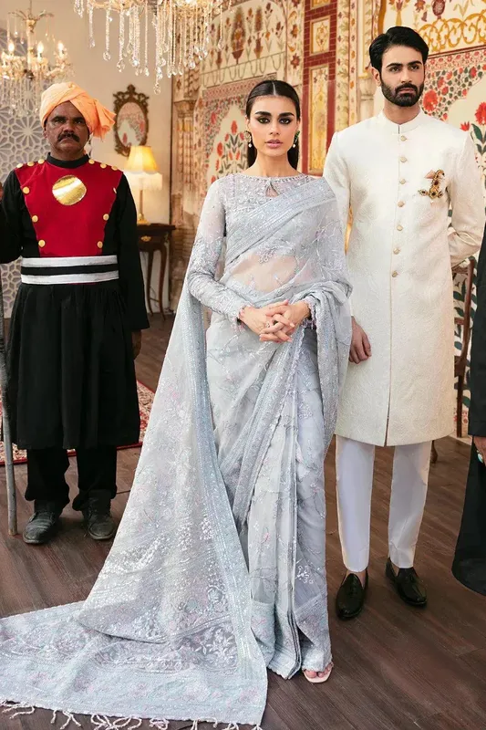 Afrozeh Hayat Wedding Formals 23 Silver Raw Silk – view 1 – Poshaq