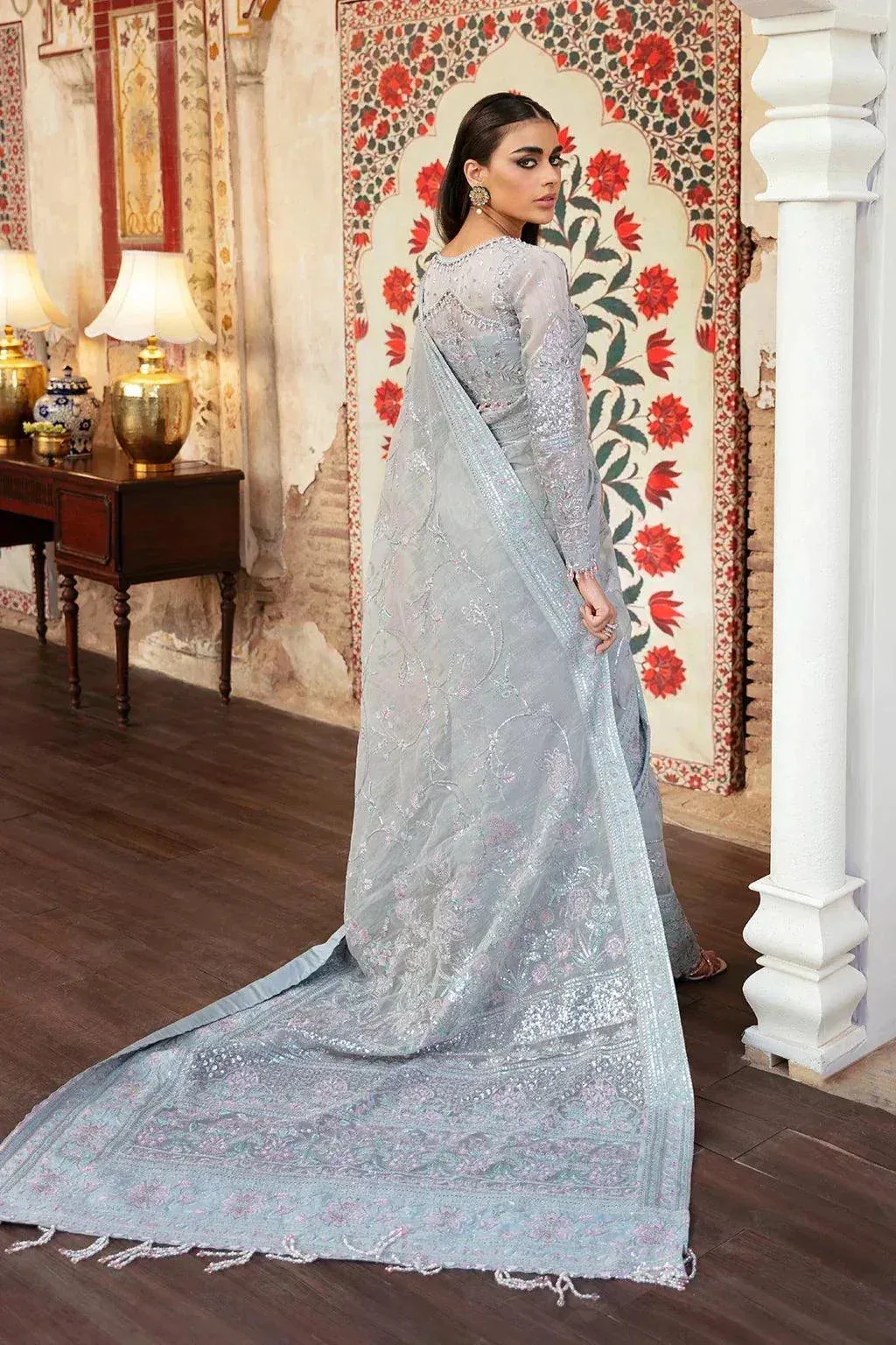 Afrozeh Hayat Wedding Formals 23 Silver Raw Silk – view 2 – Poshaq