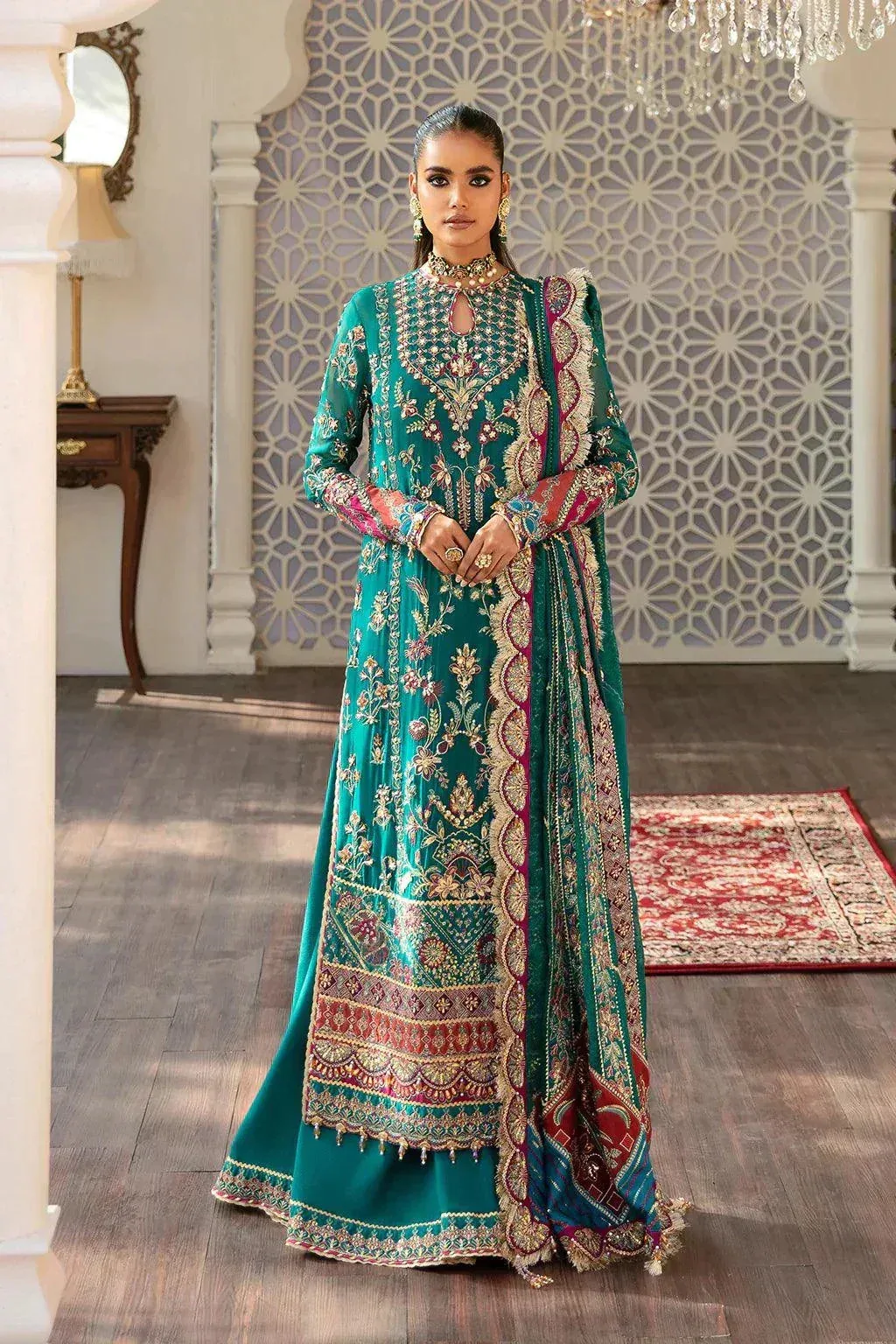 Afrozeh Hayat Wedding Formals 23 Green Raw Silk – view 1 – Poshaq