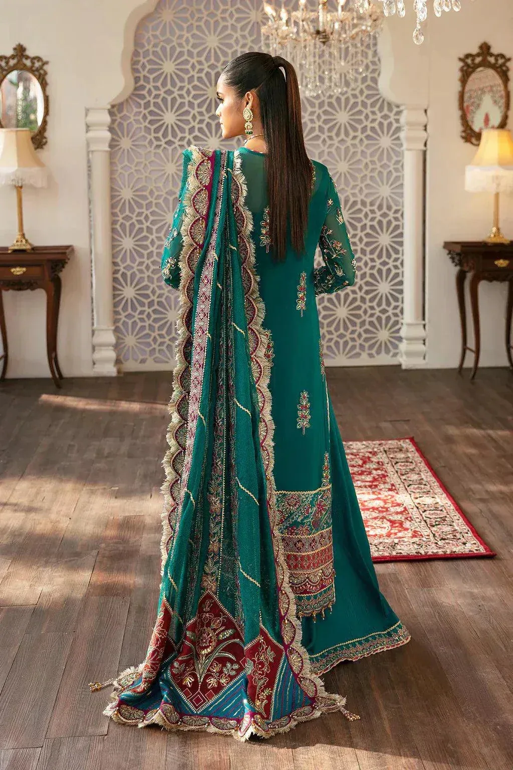 Afrozeh Hayat Wedding Formals 23 Green Raw Silk – view 2 – Poshaq