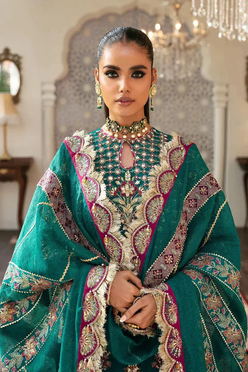 Afrozeh Hayat Wedding Formals 23 Green Raw Silk – view 3 – Poshaq