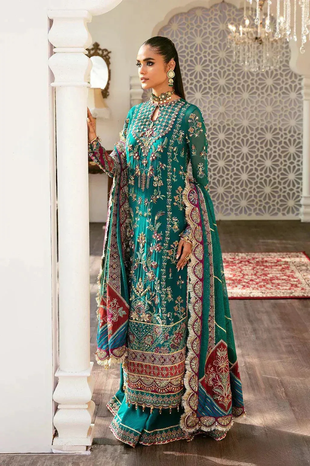 Afrozeh Hayat Wedding Formals 23 Green Raw Silk – view 4 – Poshaq