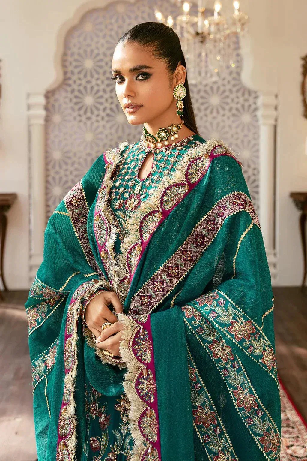 Afrozeh Hayat Wedding Formals 23 Green Raw Silk – view 5 – Poshaq