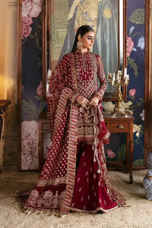 Afrozeh Hayat Wedding Formals 23 Maroon Raw Silk – view 1 – Poshaq