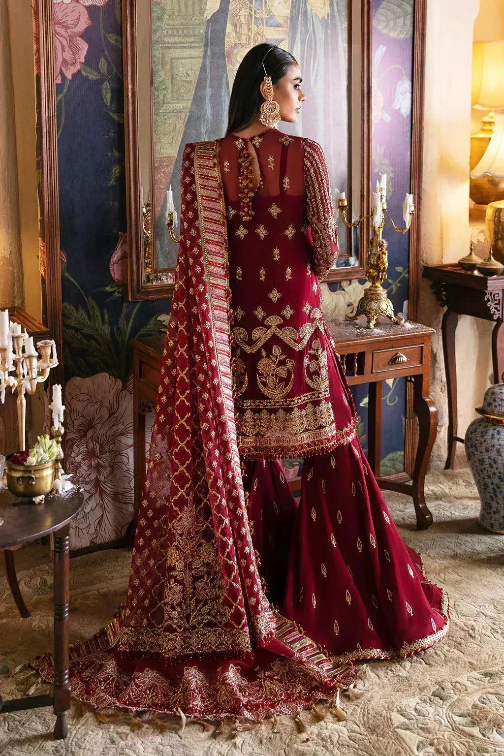 Afrozeh Hayat Wedding Formals 23 Maroon Raw Silk – view 2 – Poshaq