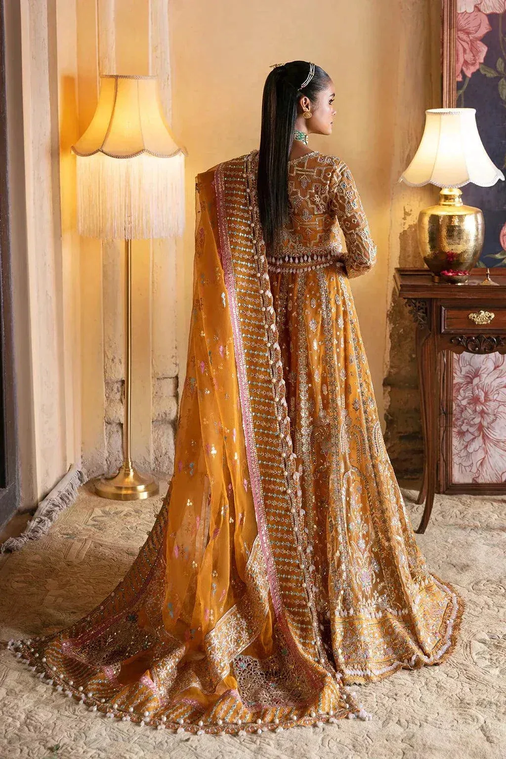 Afrozeh Hayat Wedding Formals 23 Mustard Raw Silk – view 2 – Poshaq