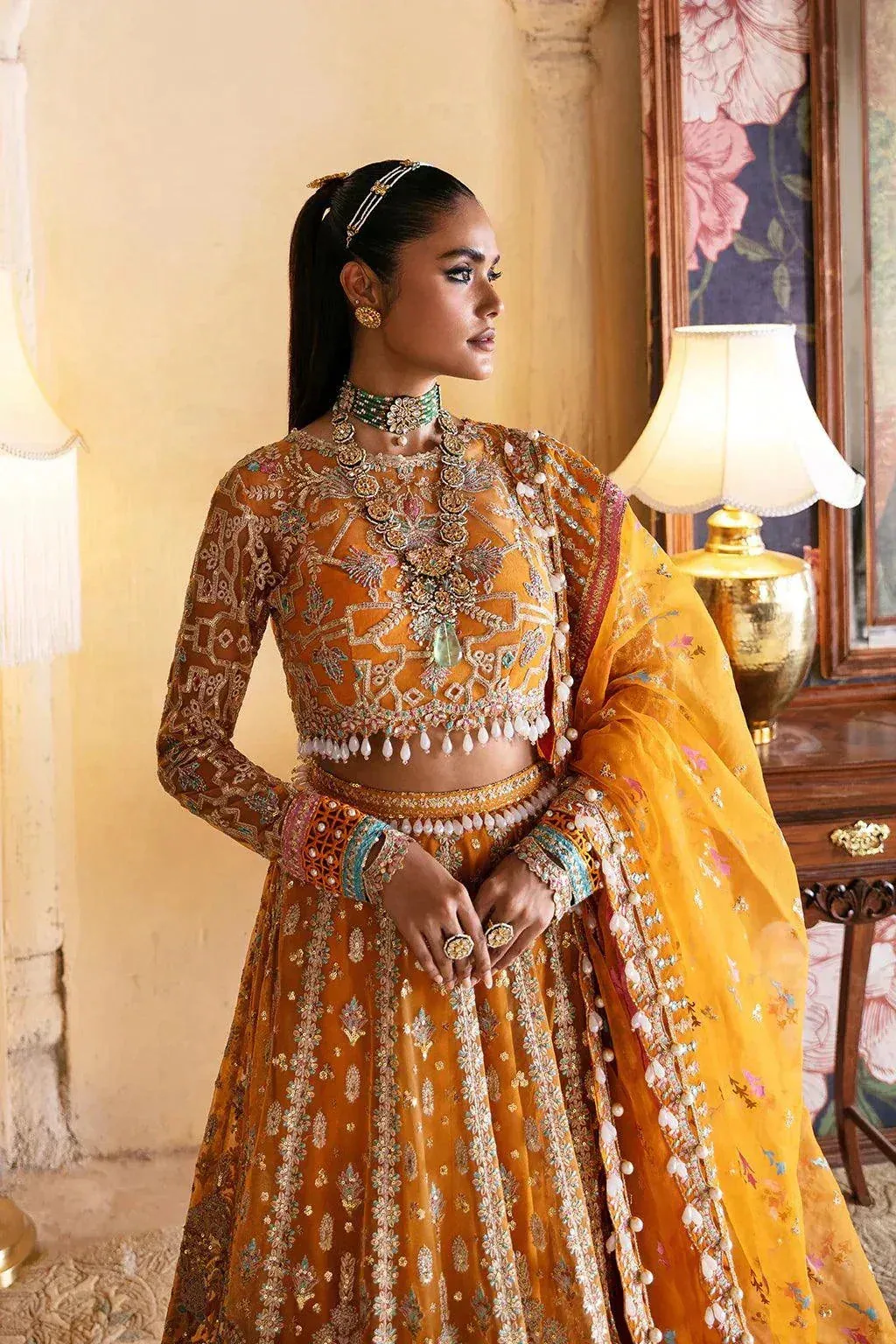 Afrozeh Hayat Wedding Formals 23 Mustard Raw Silk – view 3 – Poshaq