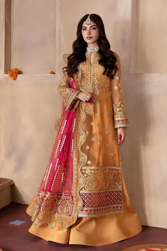 Afrozeh Shehnai Wedding Formals 23 Mustard Net – view 1 – Poshaq