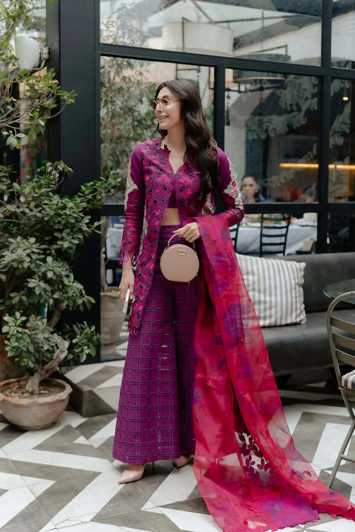Afrozeh Lawn 25 Magenta Organza – view 2 – Poshaq