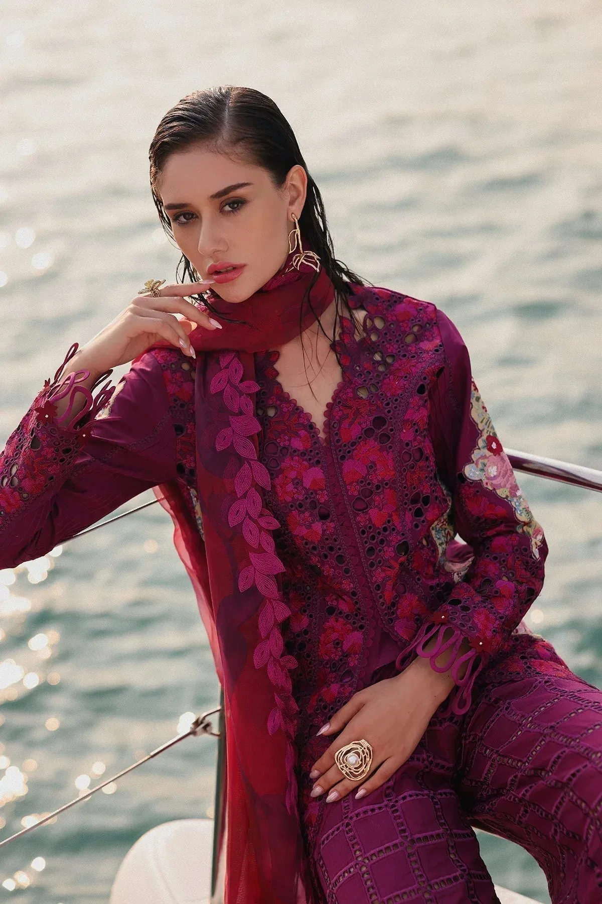 Afrozeh Lawn 25 Magenta Organza – view 5 – Poshaq